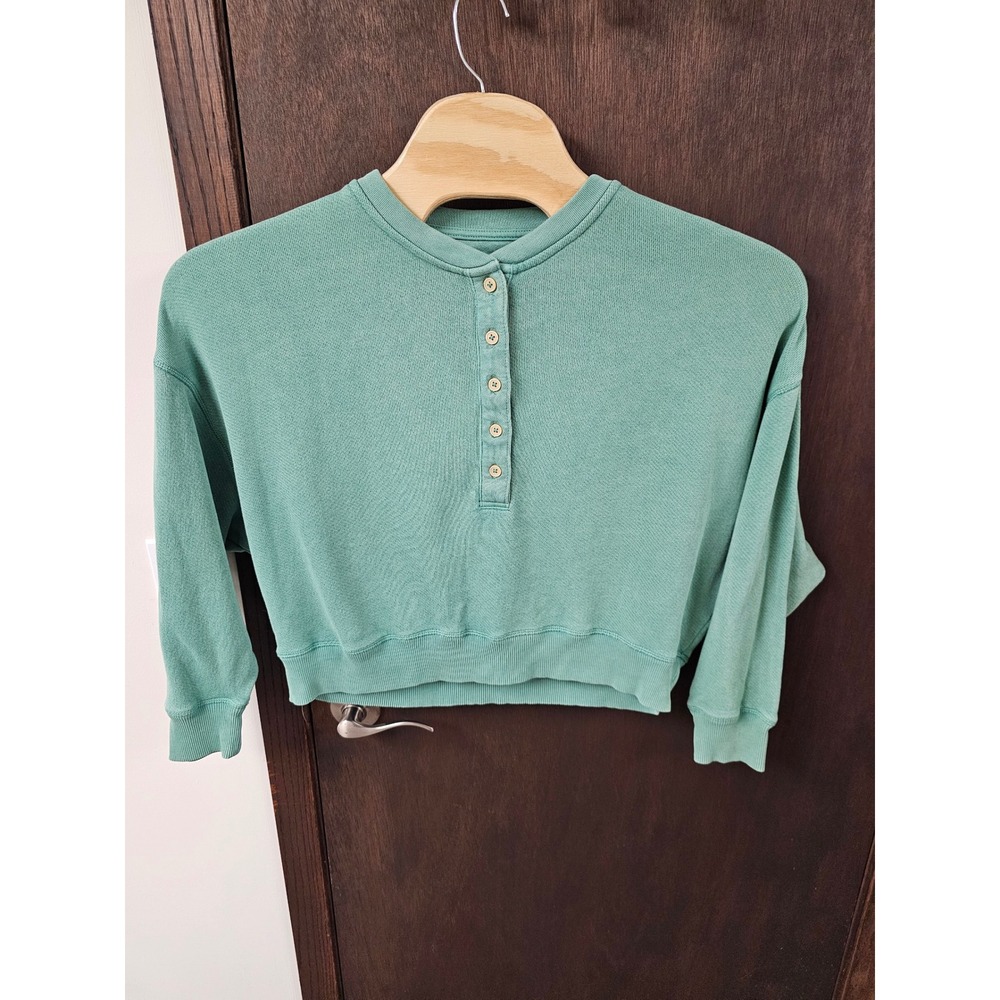 American Eagle Sage Green Cropped Henley Sweatshirt French Terry Medium
